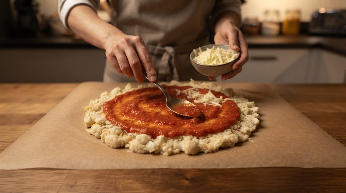 Añadiendo salsa de tomate y queso sobre la base precocinada