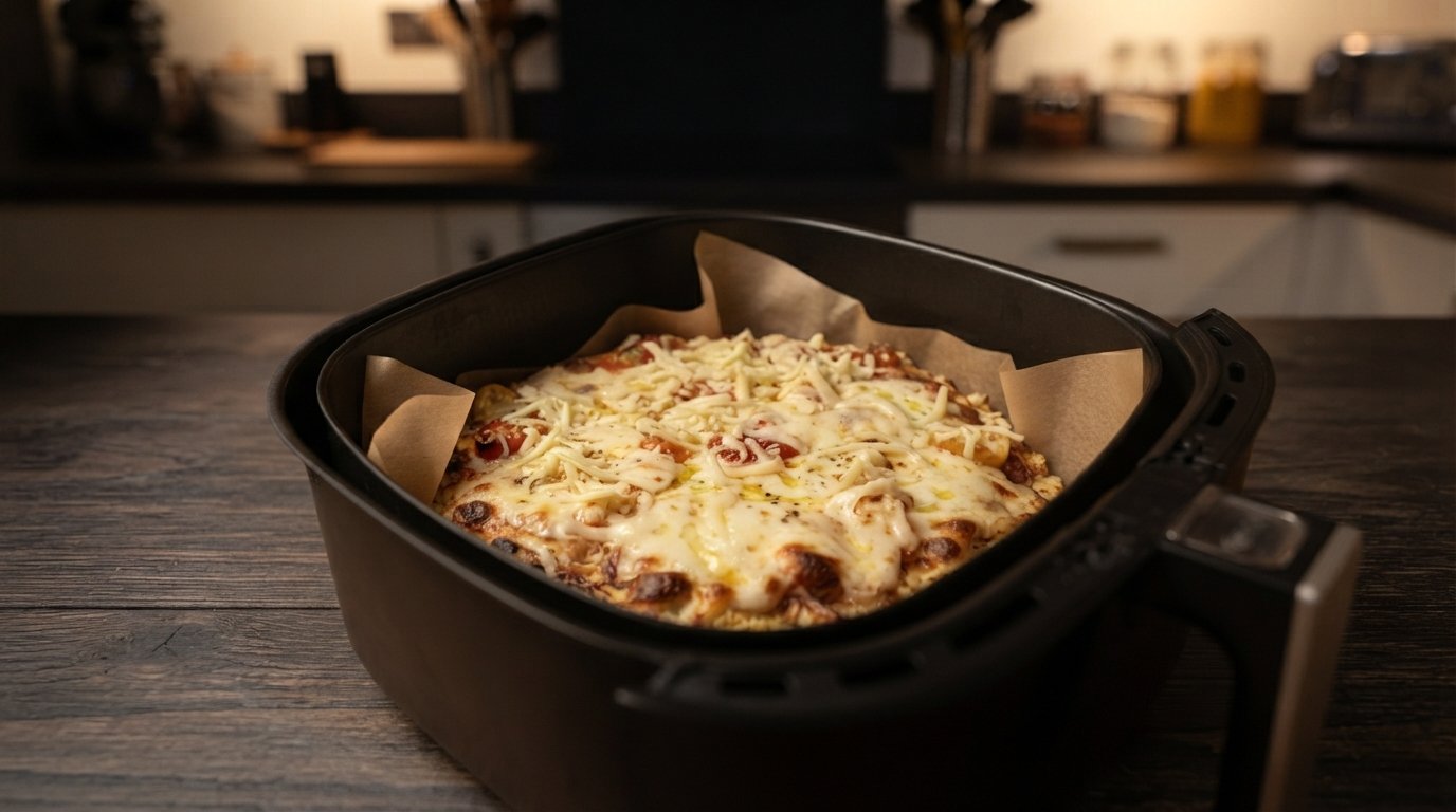 Pizza de coliflor con queso fundiéndose dentro de la freidora de aire