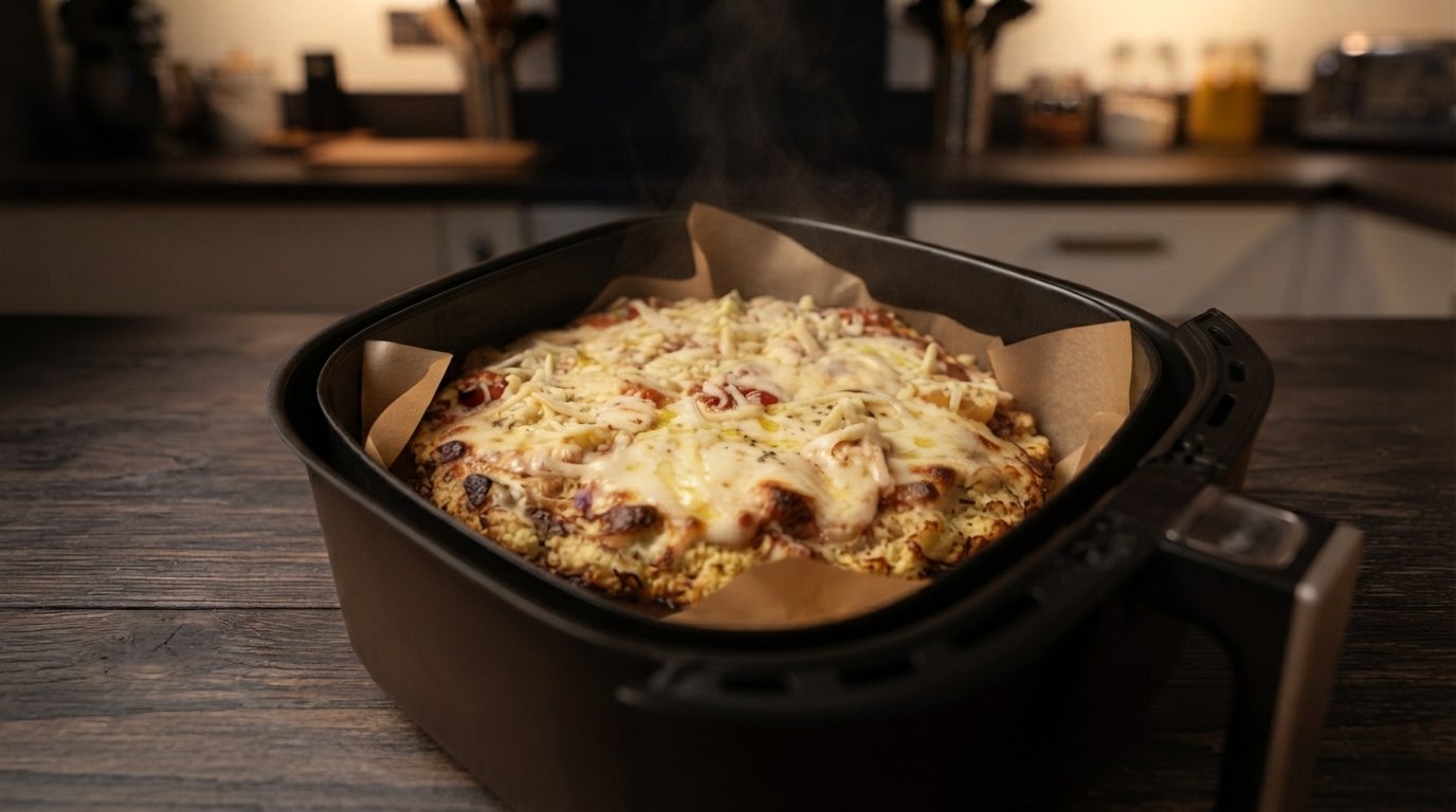 Pizza de coliflor recién sacada con el queso dorado