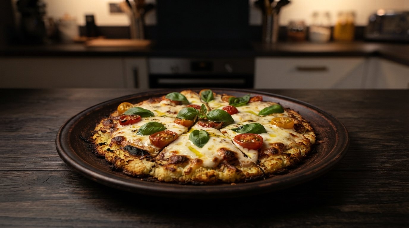 Pizza de coliflor servida con albahaca fresca y aceite de oliva