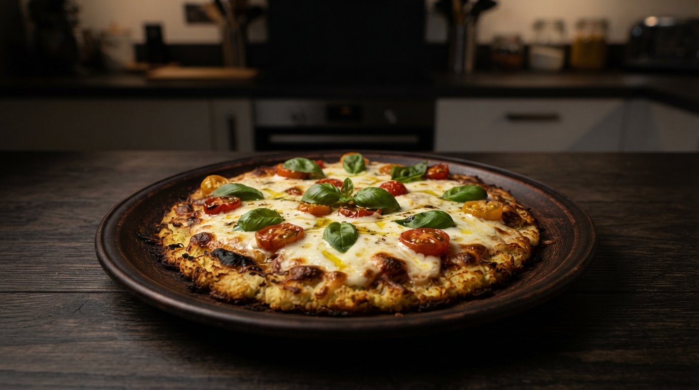 Pizza sin harina con base de coliflor recién hecha en freidora de aire
