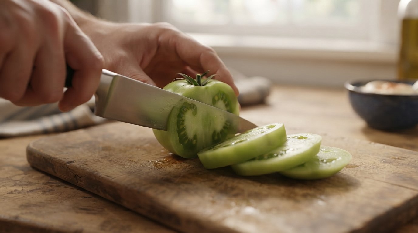 Tomates verdes cortados en rodajas sobre tabla de madera