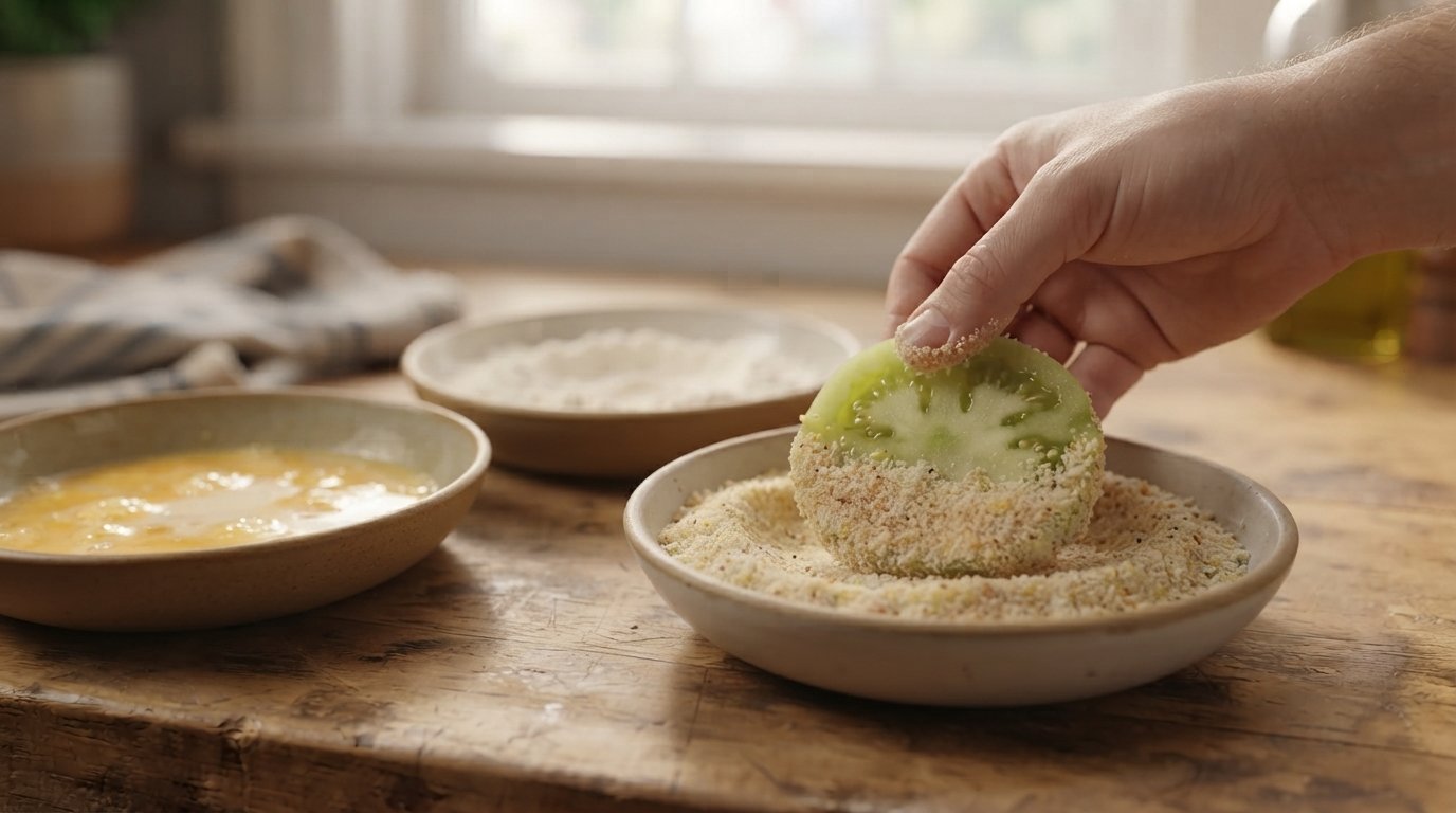 Rodaja de tomate verde siendo rebozada en pan rallado