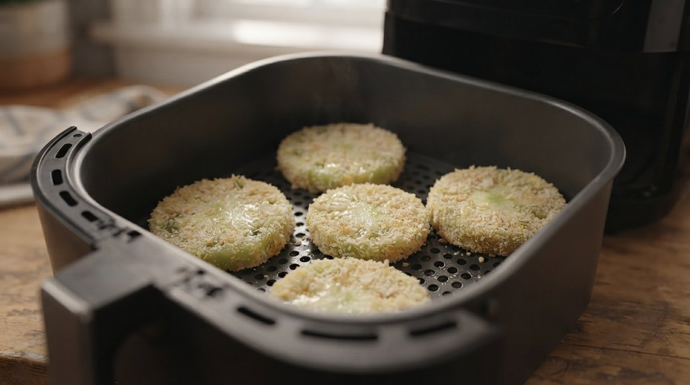 Rodajas de tomate rebozadas dentro de la cesta de la freidora de aire
