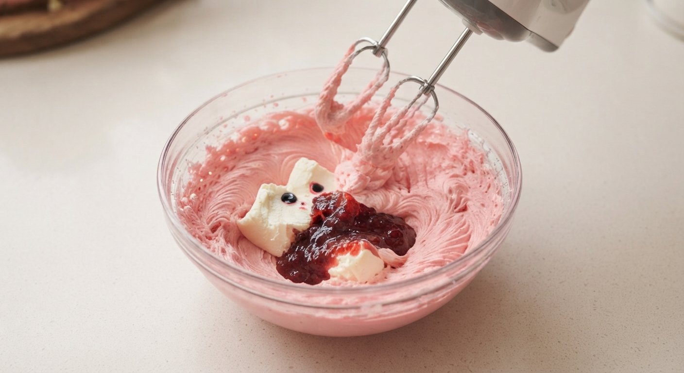 Queso crema, mermelada de fresa y colorante rosa siendo batidos en un bol
