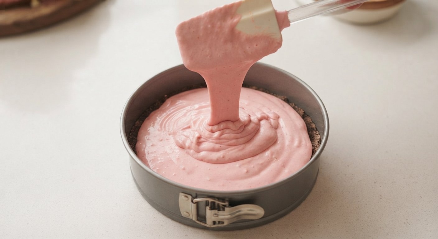 Mezcla rosa de cheesecake vertida sobre la base de galleta dentro del molde