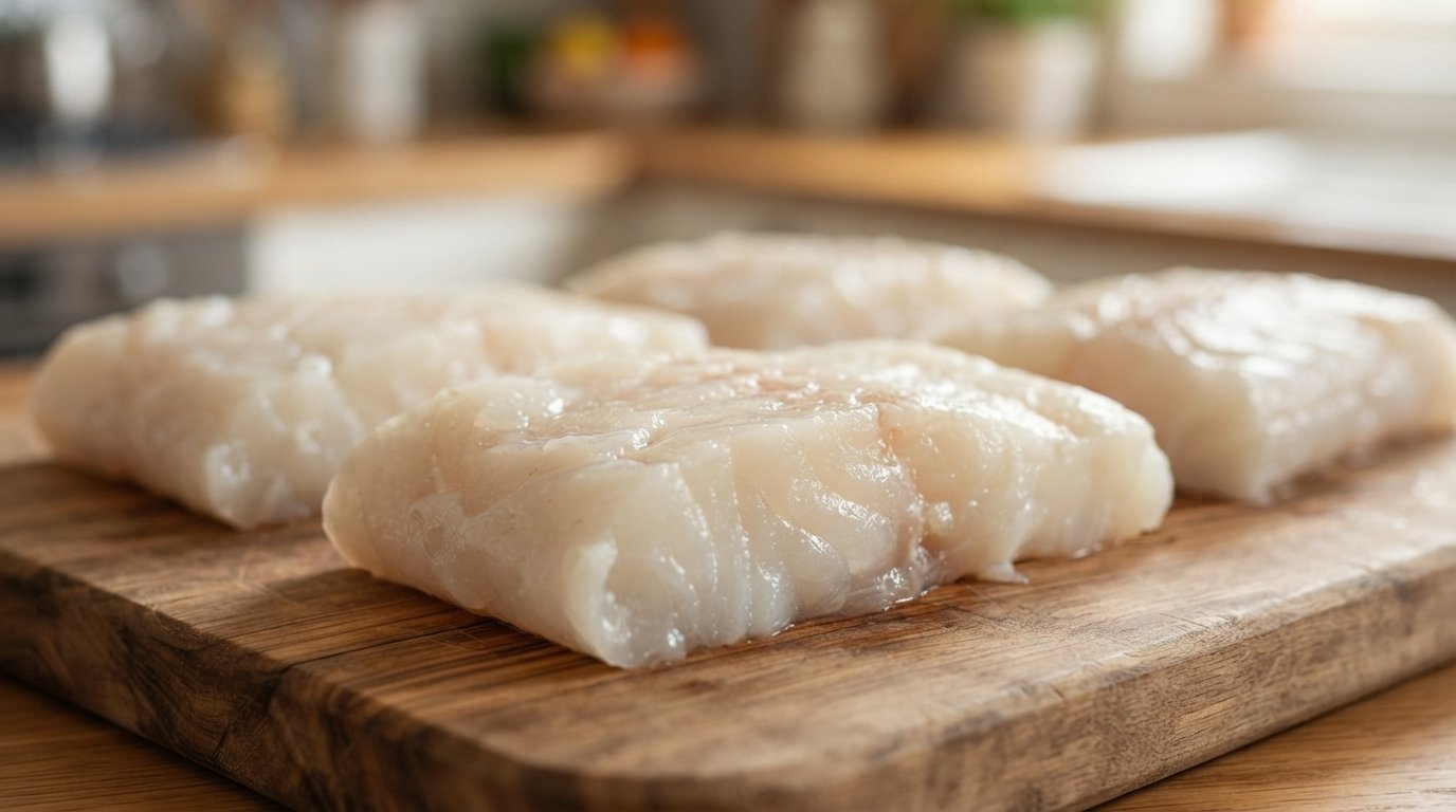 Lomos de bacalao crudos y secos sobre una tabla de cortar