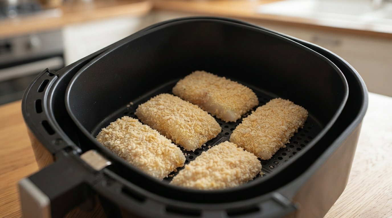 Lomos empanados dentro de la cesta de la freidora de aire, antes de cocinar
