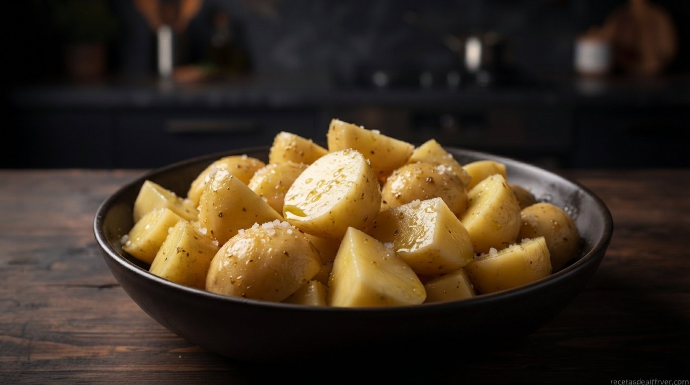 Cortar las patatas en dados para las patatas bravas