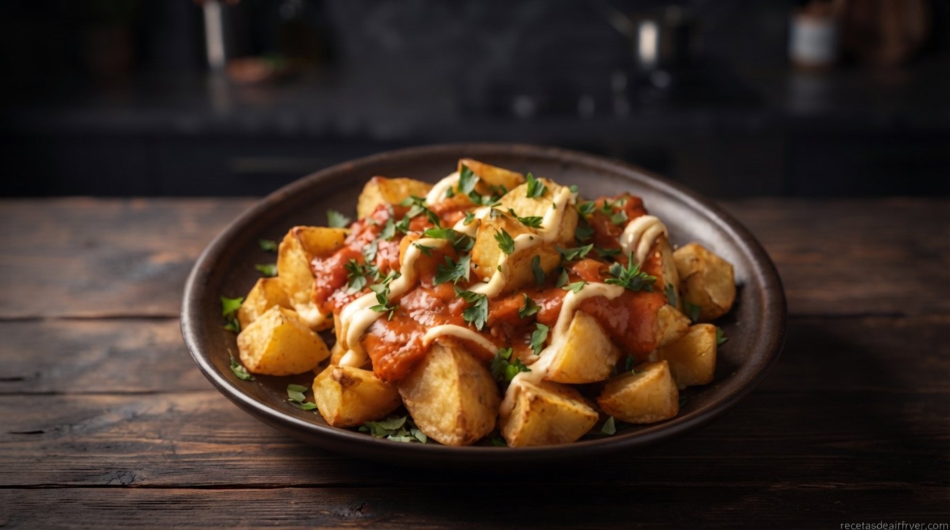 Patatas bravas emplatadas con salsa brava y perejil