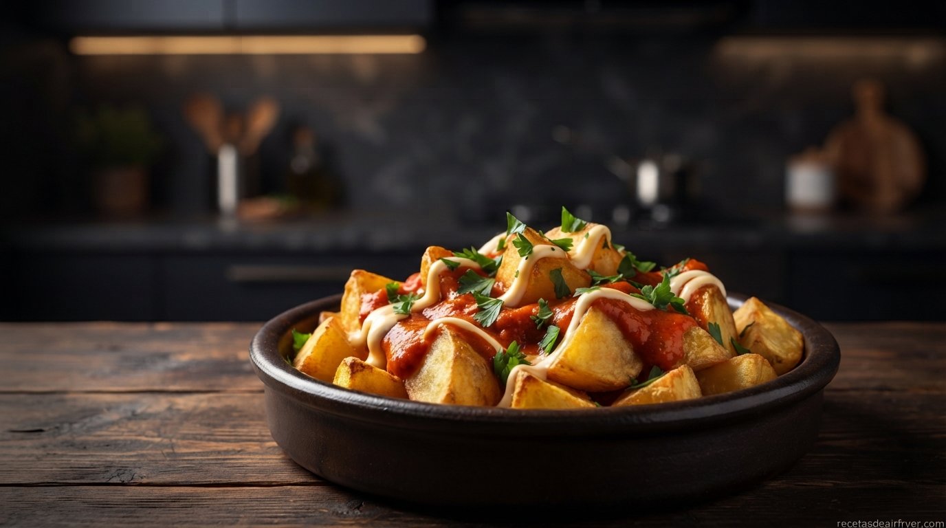 Patatas bravas en freidora de aire con salsa brava casera