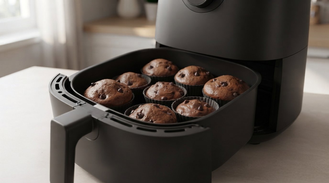 Muffins de chocolate dorándose durante la cocción en air fryer