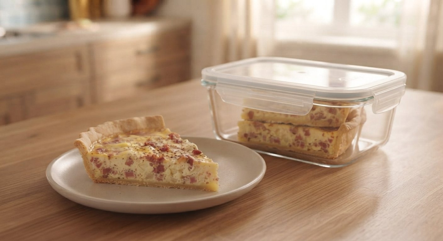 Quiche de freidora de aire cortada en porciones mostrando el relleno cremoso y la masa dorada