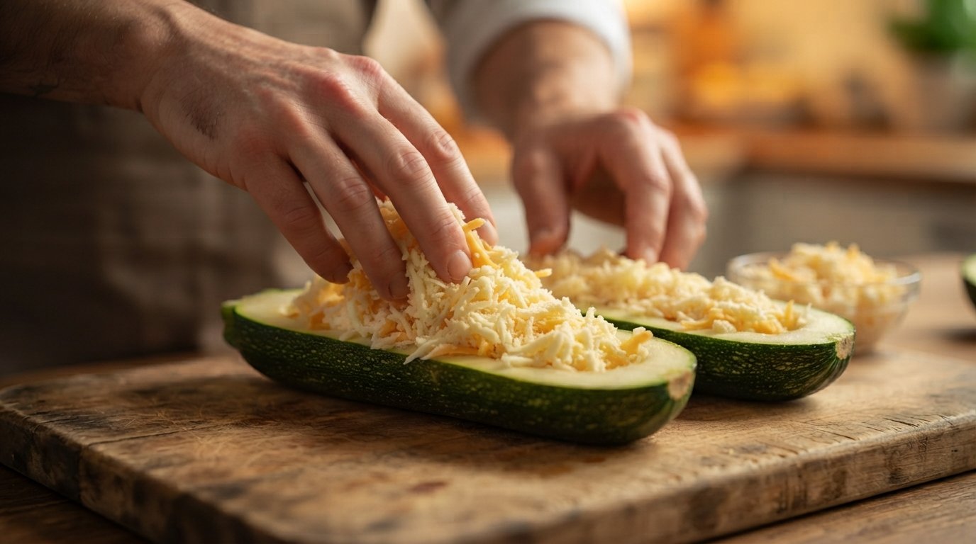 Rellenando las mitades de calabacín con una mezcla de tres quesos