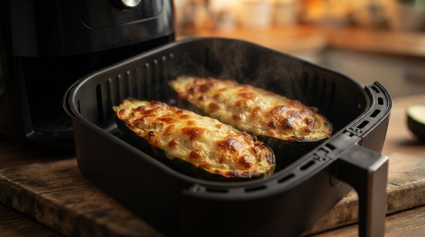 Calabacines gratinados y dorados recién sacados de la freidora de aire