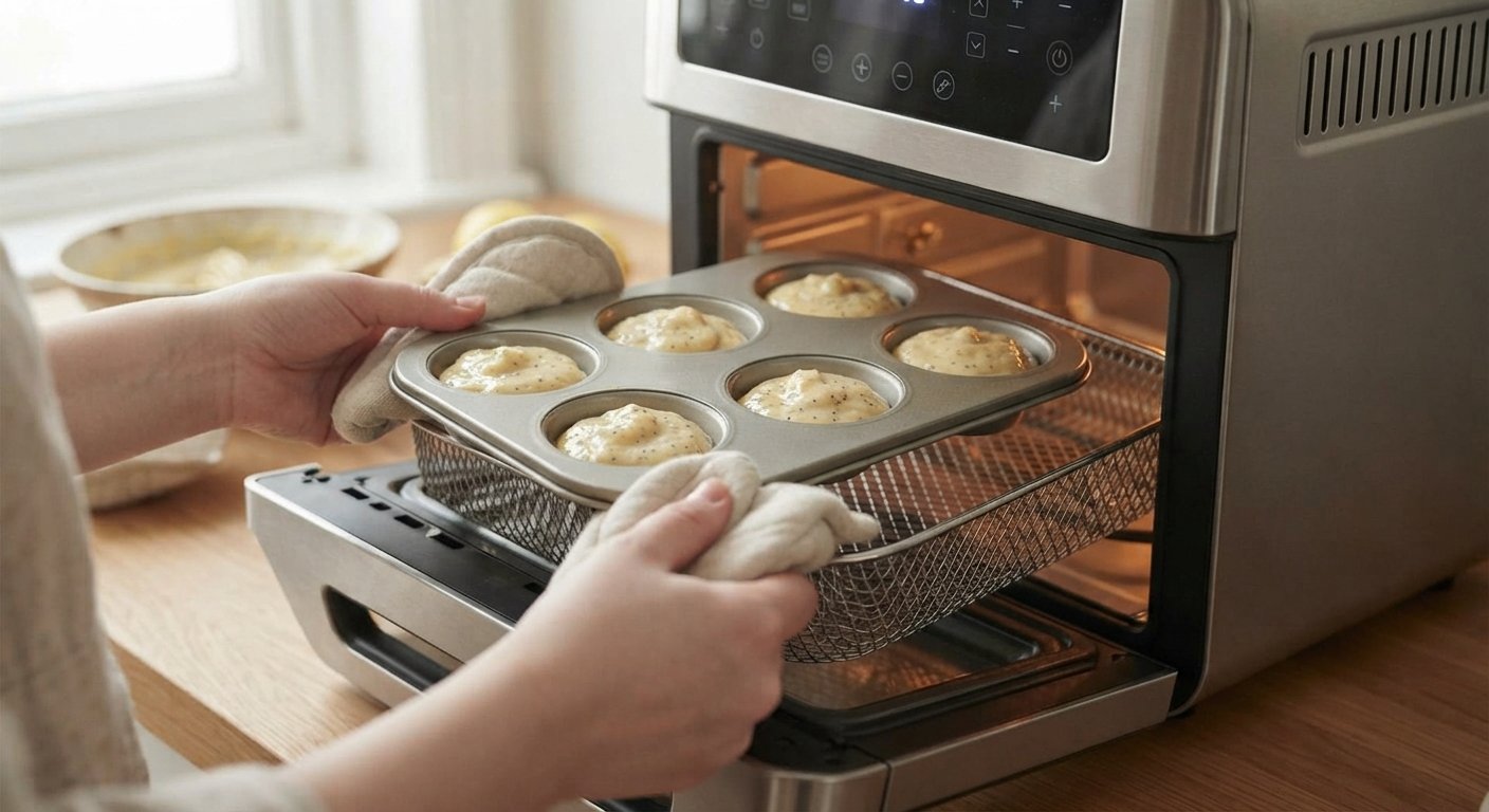 Molde de muffins dentro de la cesta de la freidora de aire