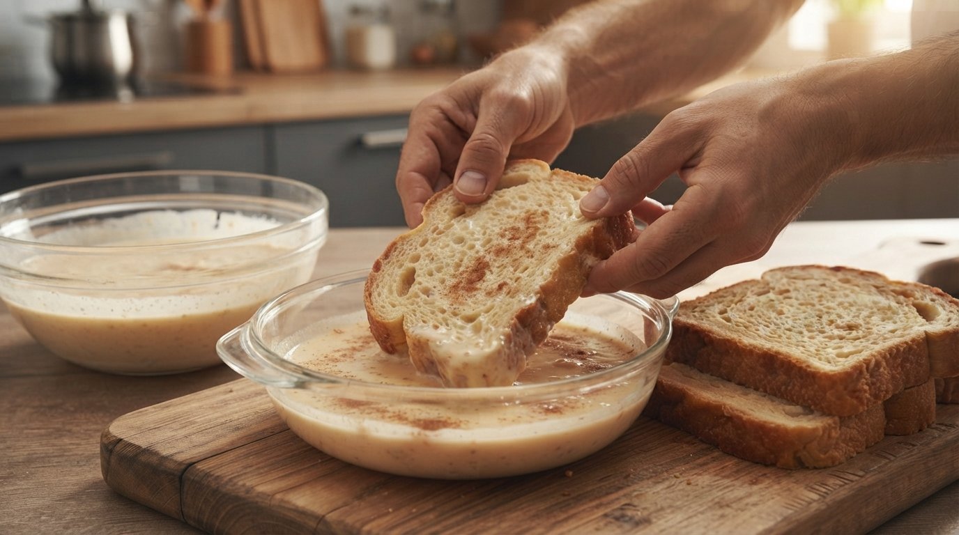 Mezcla de huevo y leche para preparar tostadas francesas