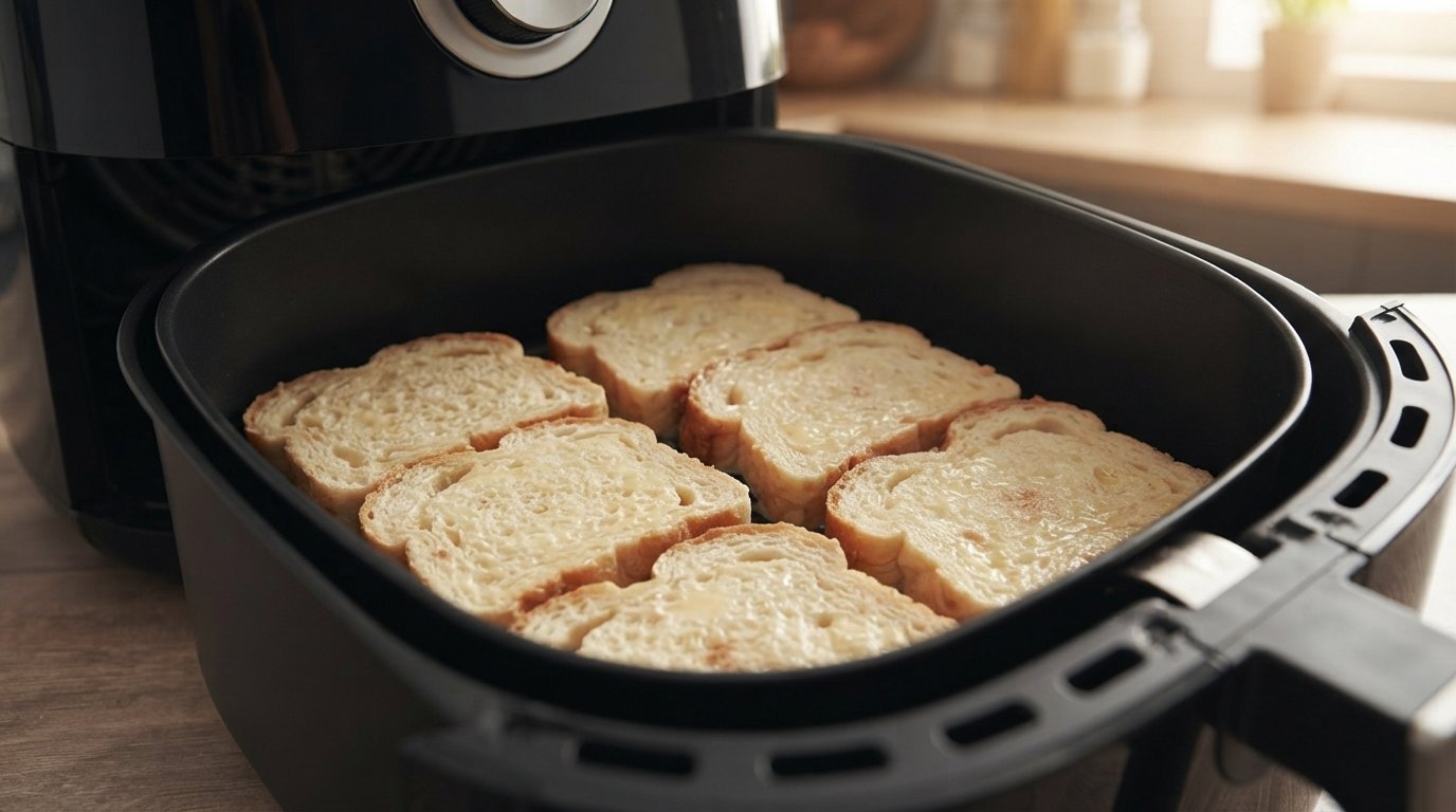 Tostadas francesas colocadas en la cesta de la freidora de aire