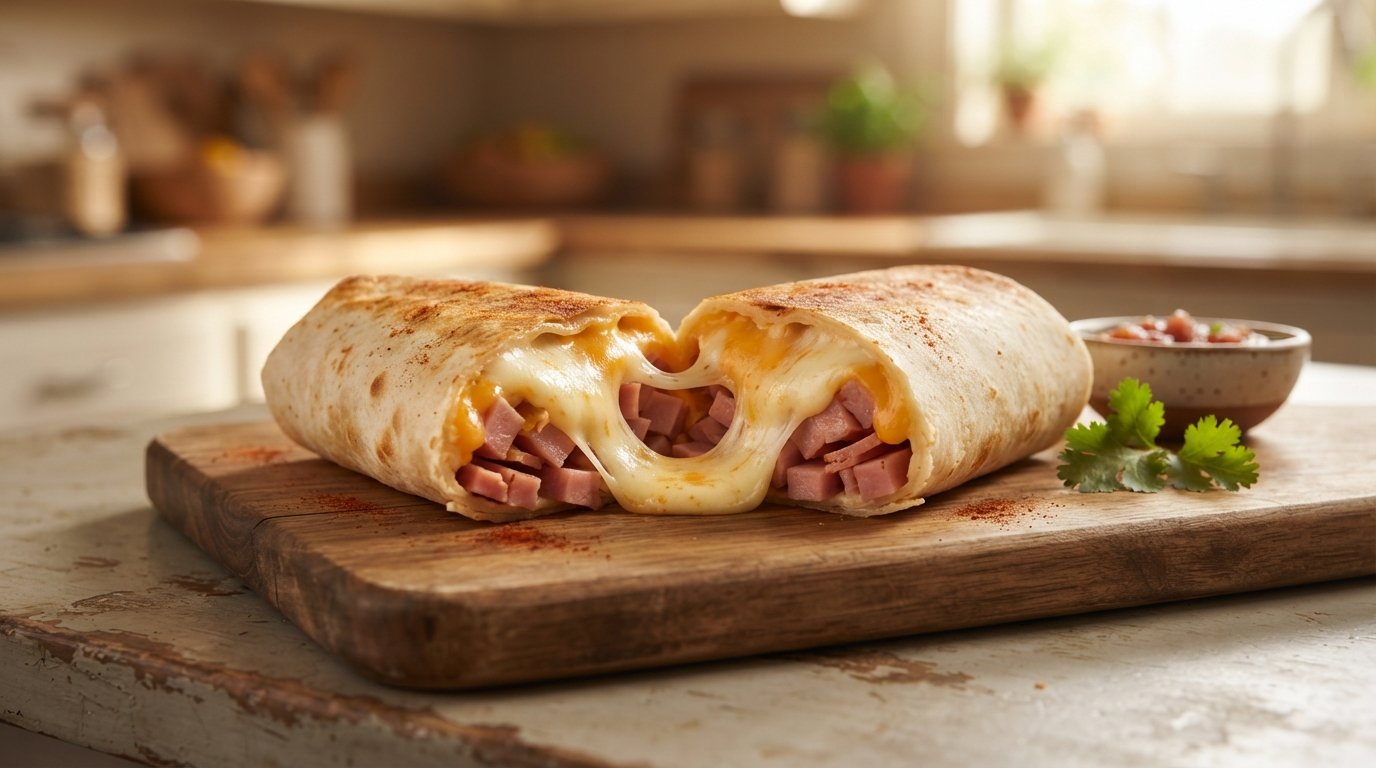 Burrito de jamón y queso cortado por la mitad en freidora de aire