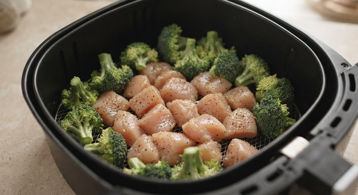 Pollo y brócoli dentro de la cesta de la freidora de aire