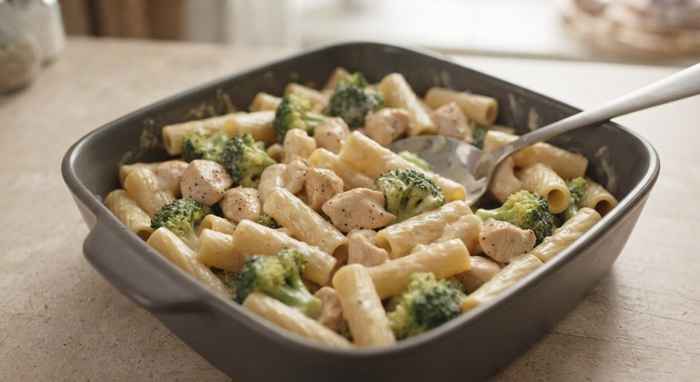 Rigatoni cocido mezclándose con pollo, brócoli y nata en un molde apto para freidora