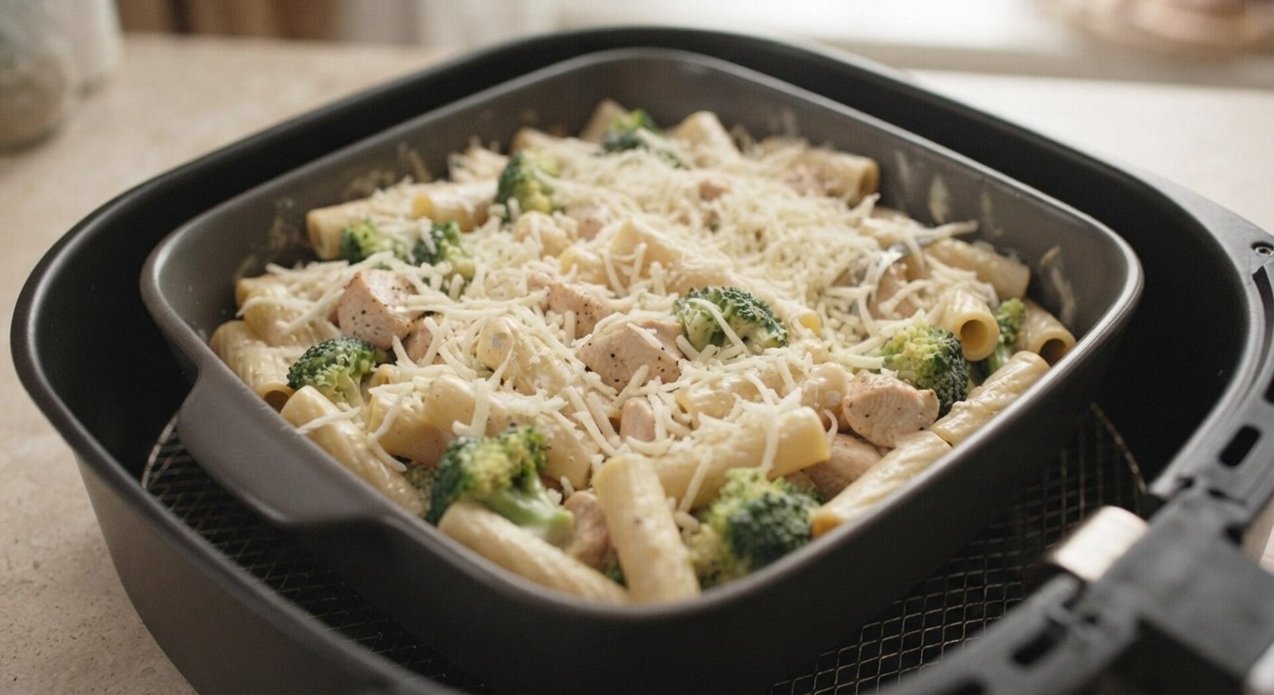 Molde de pasta con queso rallado por encima, dentro de la cesta de la freidora de aire