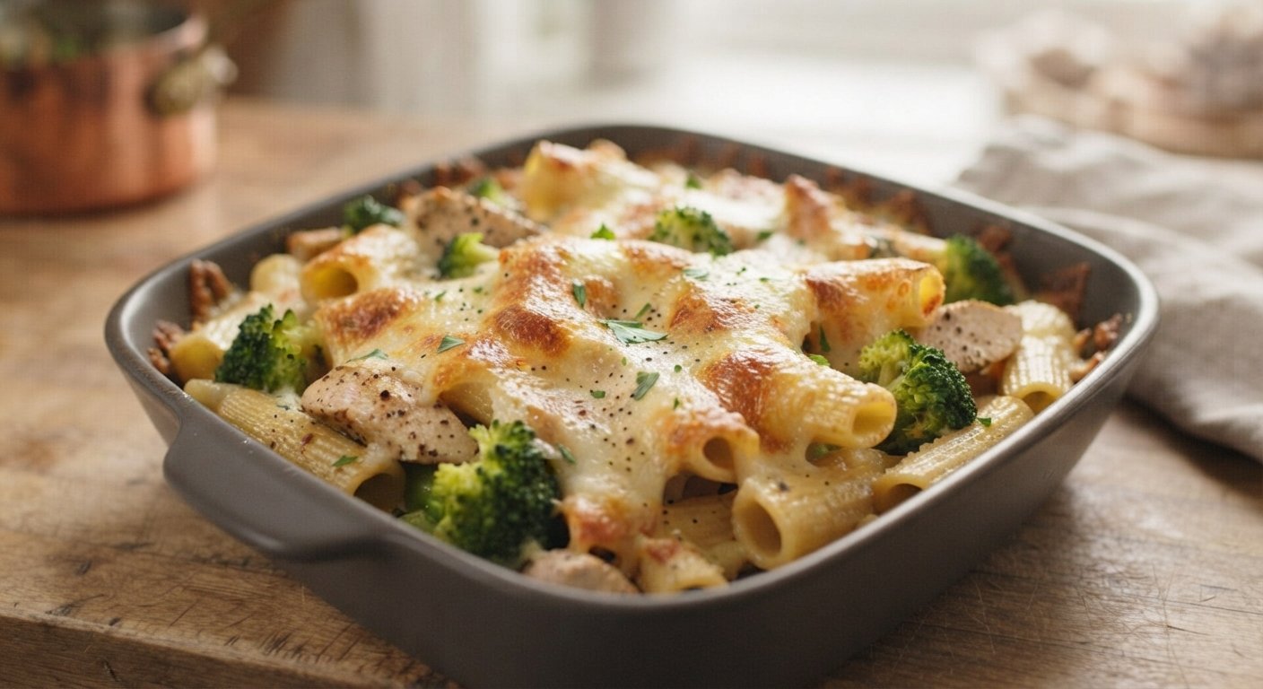 Rigatoni con pollo y brócoli gratinado, dorado y burbujeante, recién sacado de la freidora