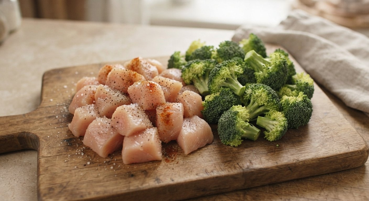 Dados de pollo crudo sazonado sobre una tabla, con ramilletes de brócoli al lado