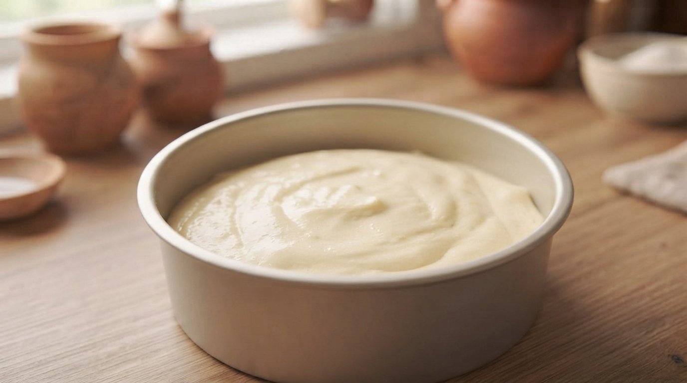 Masa del bizcocho vertida en un molde apto para freidora, antes de cocinar