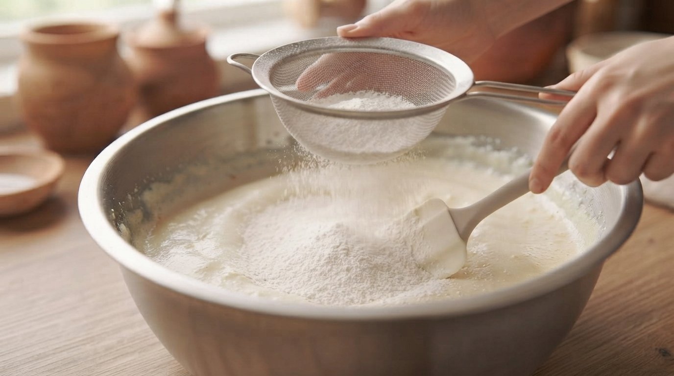 Yogur natural siendo incorporado a la mezcla de huevos y azúcar en un bol