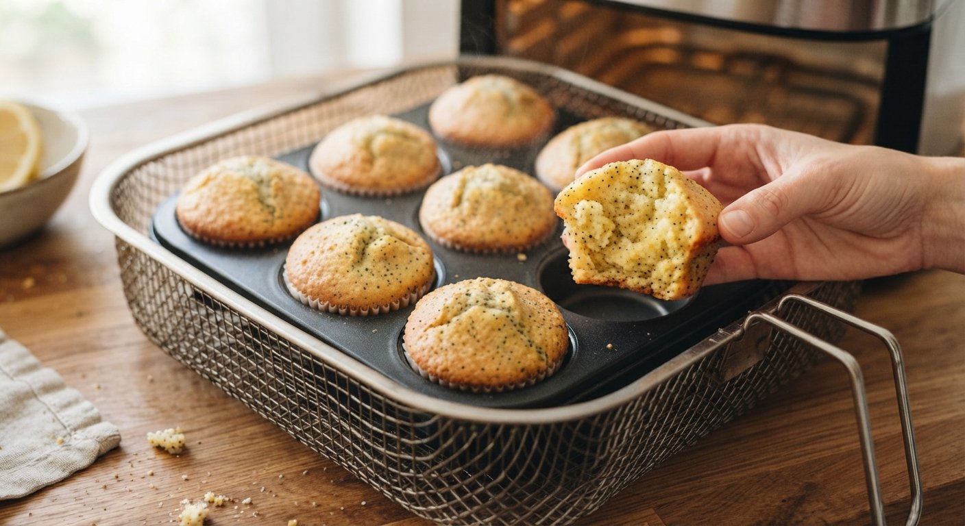 Muffins de limón con semillas de amapola dorados y esponjosos recién sacados de la freidora