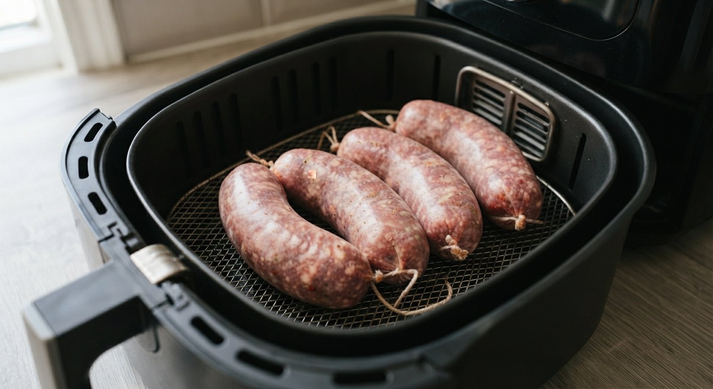 Chorizos dentro de la cesta de la freidora de aire