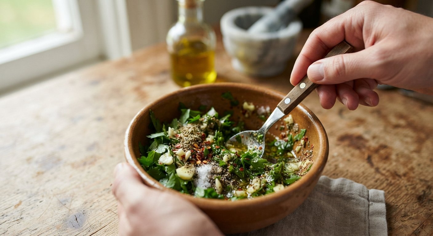 Perejil, ajo y especias mezclándose en un bol para el chimichurri