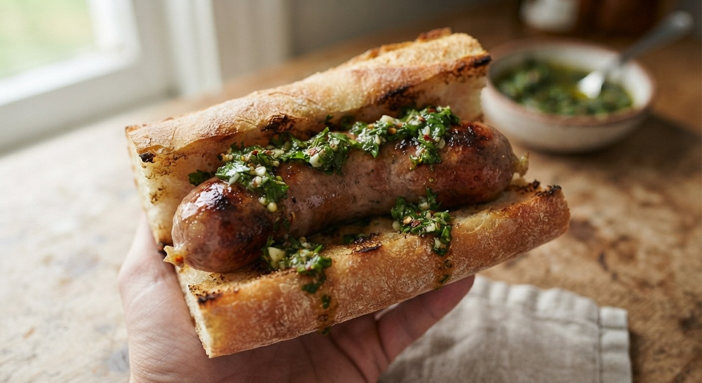 Choripán terminado con chimichurri, chorizo dentro de pan crujiente
