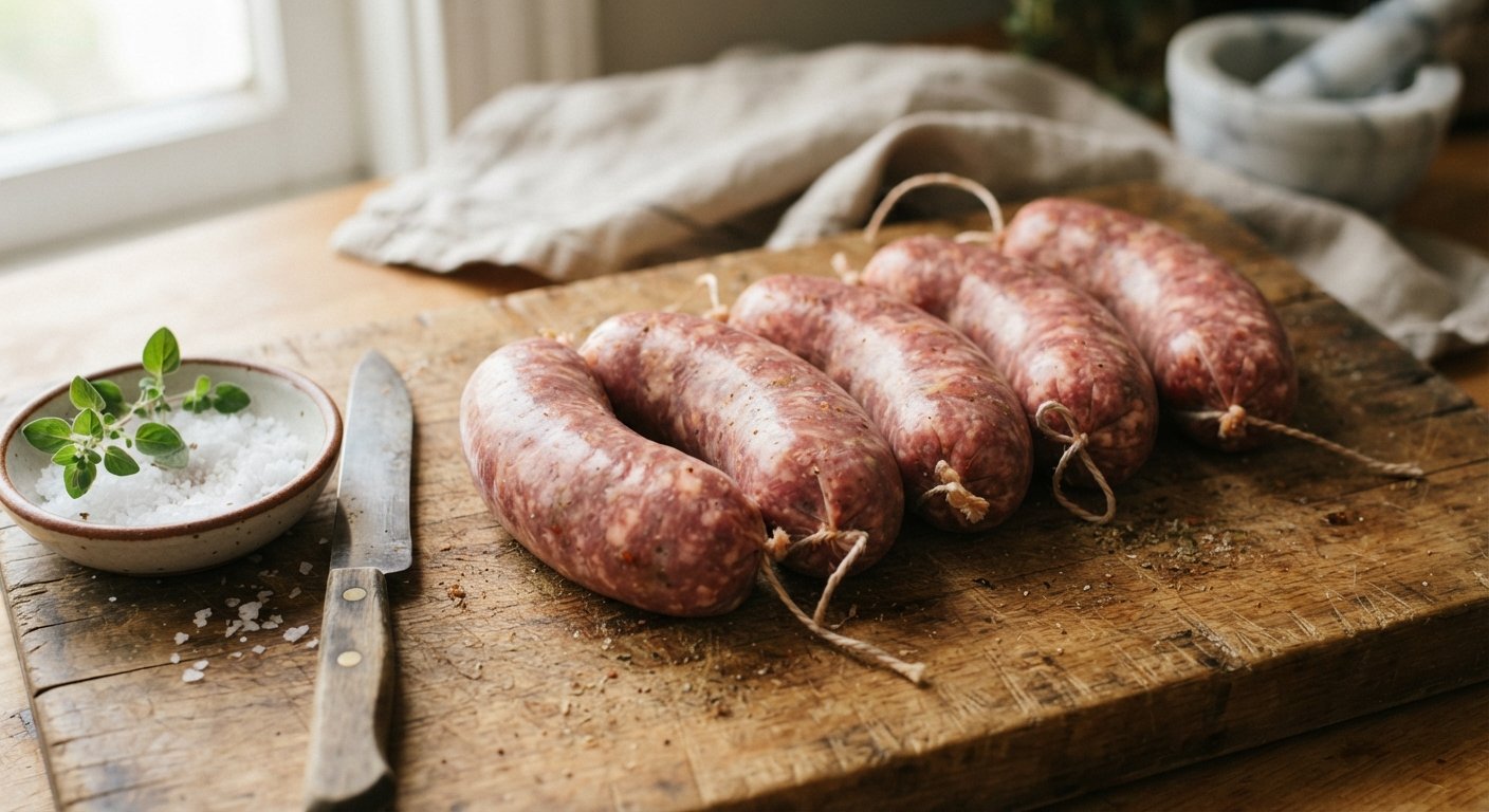Chorizos criollos crudos sobre una tabla antes de cocinar