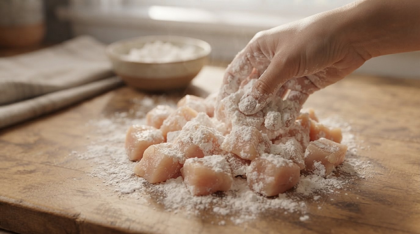 Trozos de pechuga de pollo crudos rebozados en maicena sobre tabla de madera