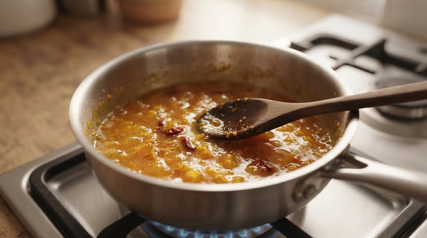 Salsa de naranja brillante reduciéndose en una sartén
