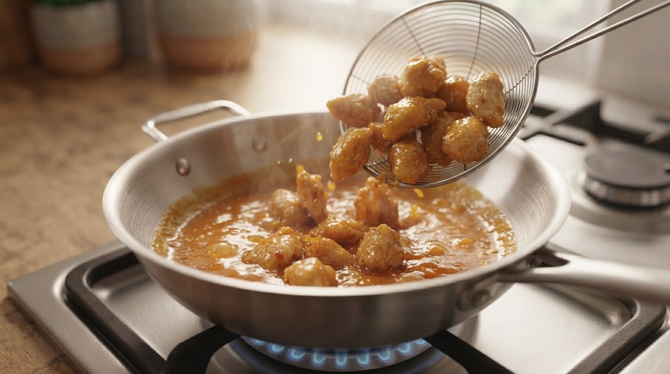 Trozos de pollo dorados mezclándose con la salsa de naranja en la sartén