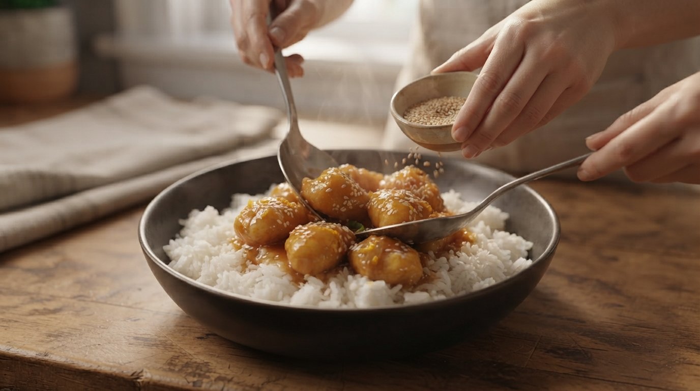 Pollo a la naranja servido sobre arroz con sésamo y cebollino