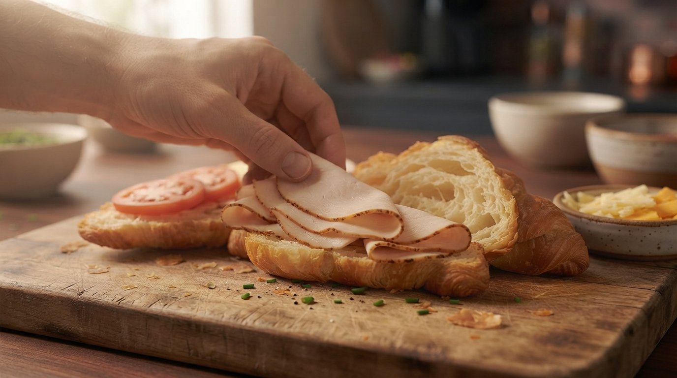 Lonchas de pavo, tomate y tres quesos colocados dentro del croissant abierto
