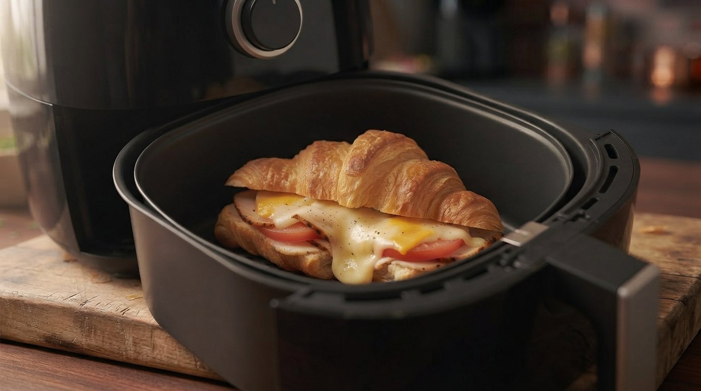 Croissant relleno y abierto dentro de la cesta de la freidora de aire con el queso empezando a fundirse