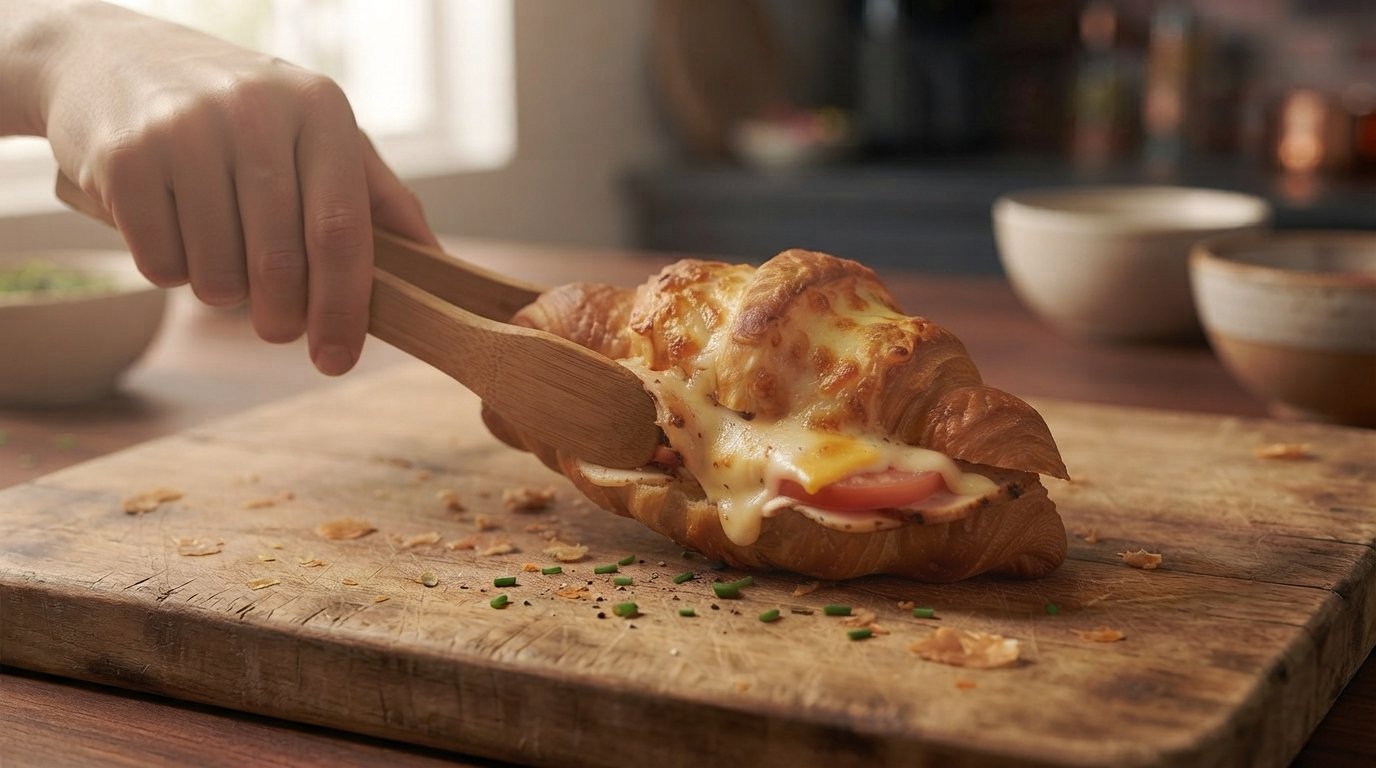 Croissant recién sacado de la freidora con el queso completamente fundido y dorado