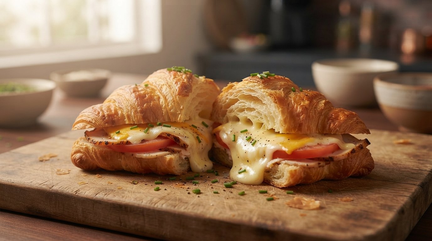 Croissant relleno de pavo, tomate y tres quesos fundidos en air fryer
