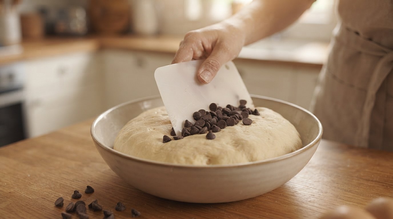 Chispas de chocolate siendo incorporadas a la masa con una espátula