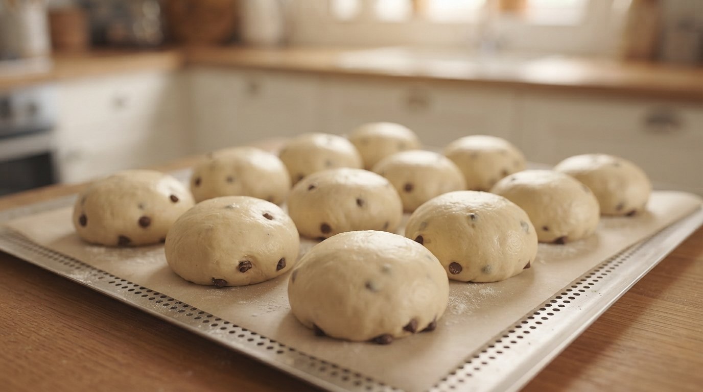 Bollos formados y crudos sobre papel de horno, listos para cocinar
