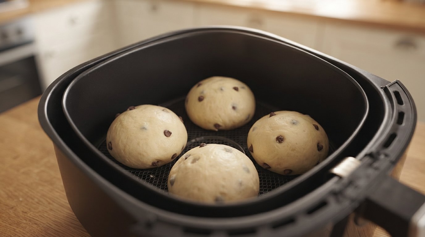 Bollos crudos dentro de la cesta de la freidora de aire