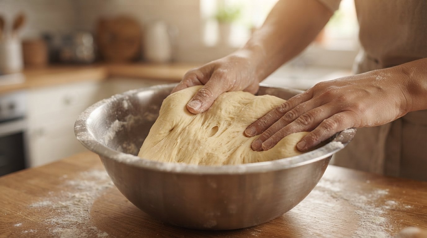 Masa de bollo siendo amasada en un bol