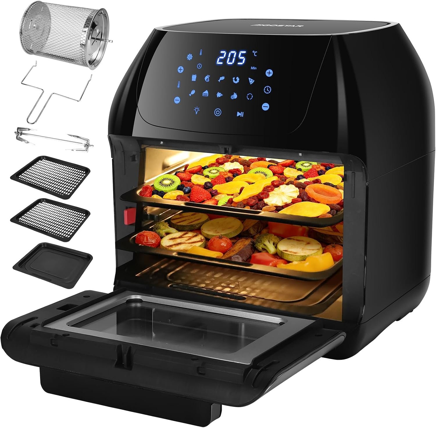 Freidora de aire horno Aigostar de 12 L con asador giratorio, según la ficha de Amazon.es