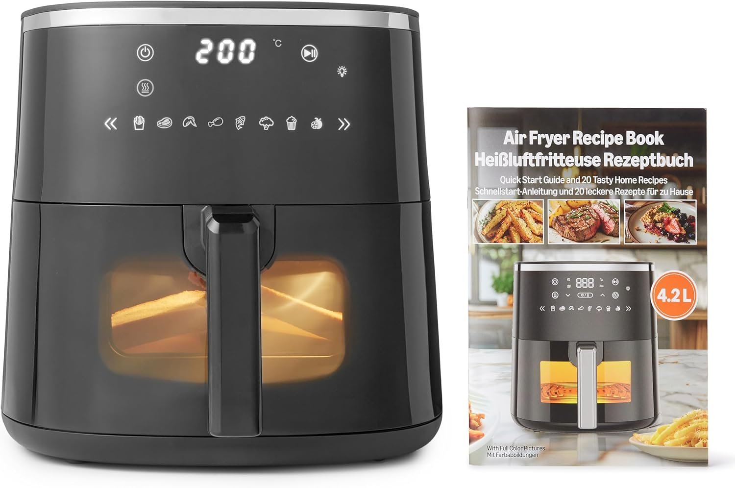Freidora de aire Amazon Basics de 4,2 L en negro con ventana de visualización y panel táctil, según la ficha de Amazon.es
