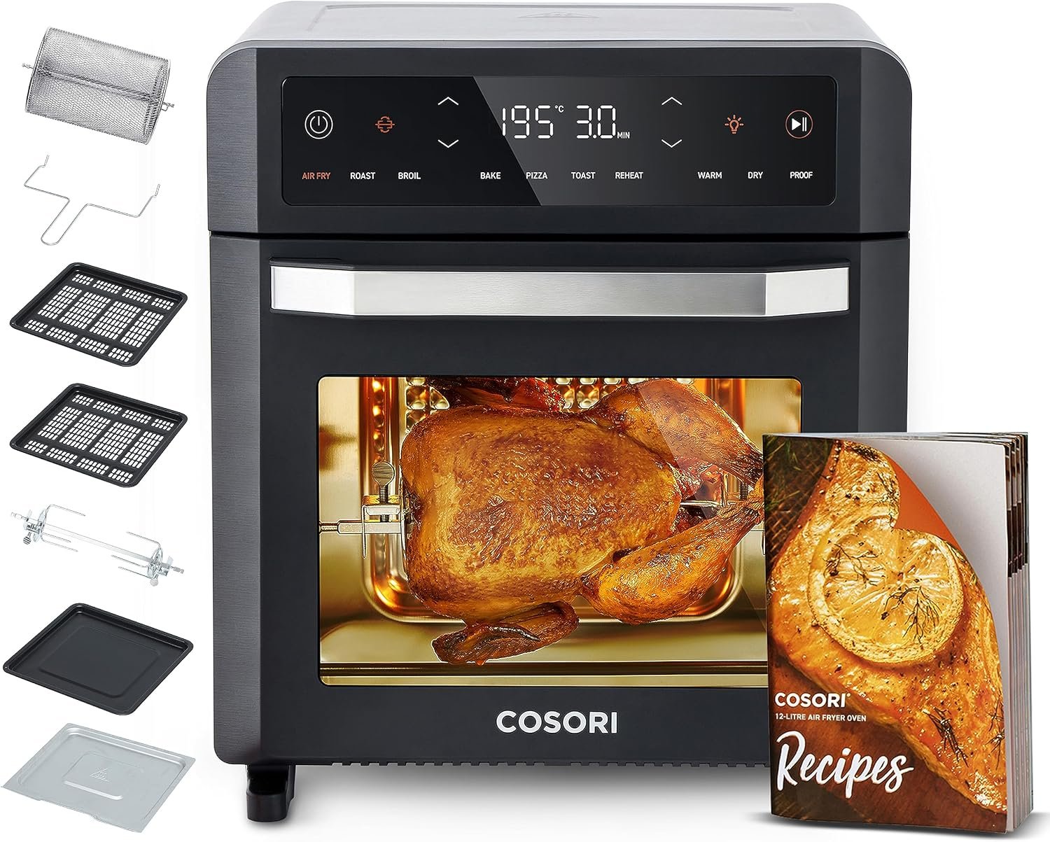 Freidora de aire horno Cosori de 12 L con doble resistencia y ventana, según la ficha de Amazon.es